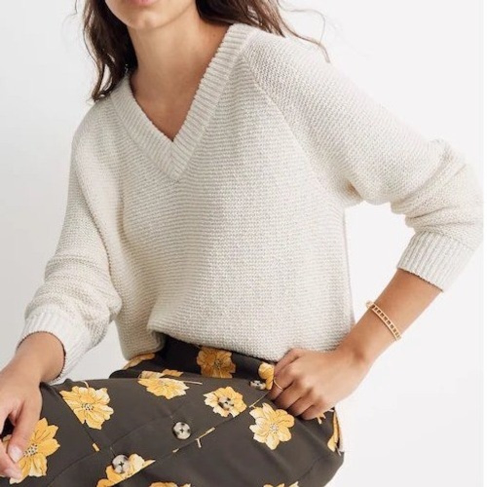 Madewell Arden V-Neck Crop Pullover Sweater, Ivory Cotton XS | Coastal cottage